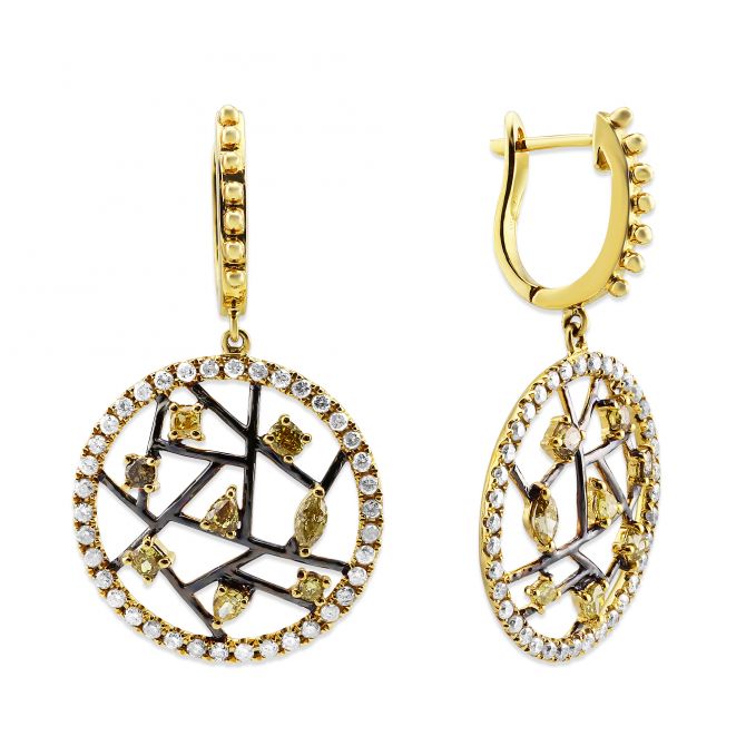 18K Yellow Gold Multicolor and White Diamond Earrings