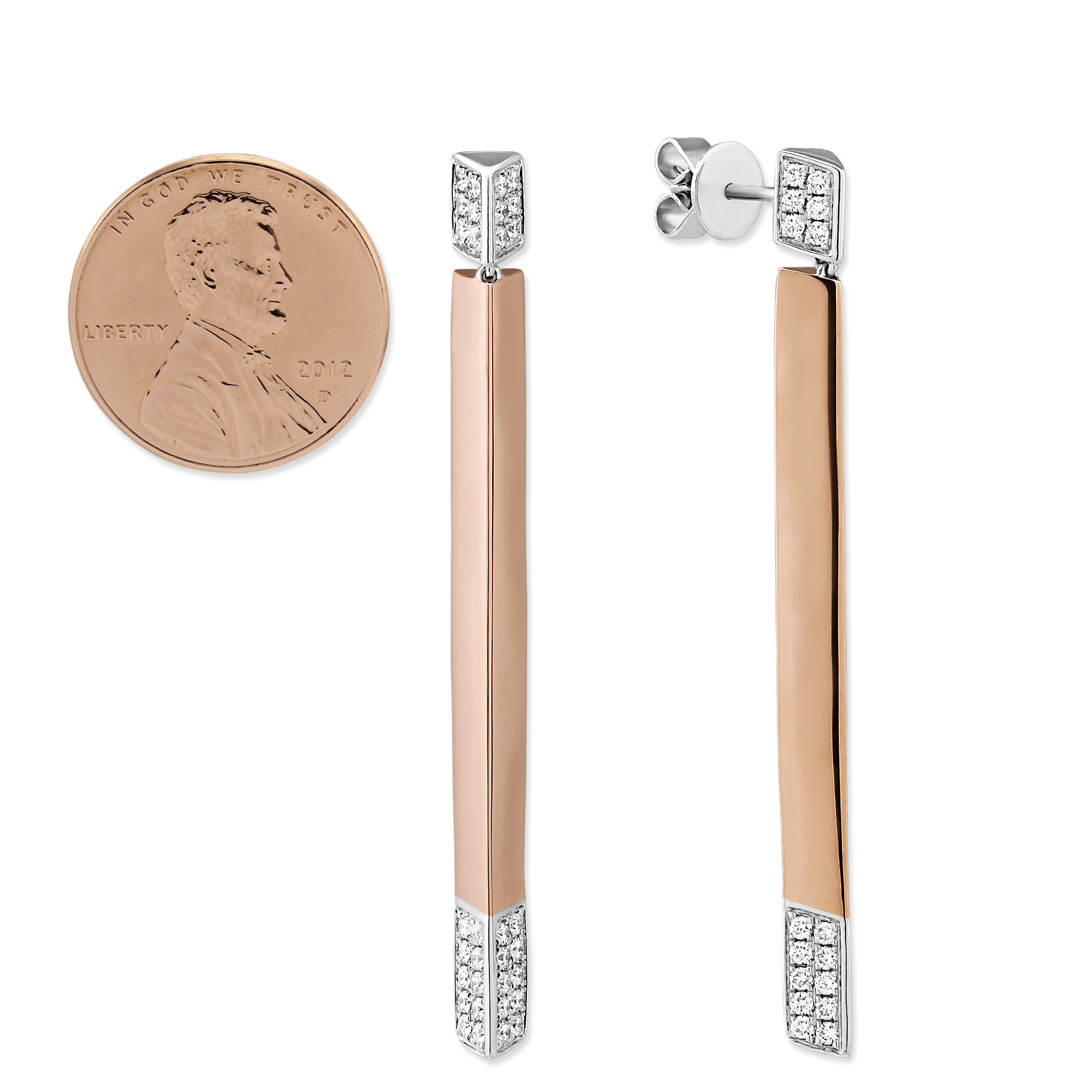 18K Rose & White Gold Diamond Drop Bar Earrings