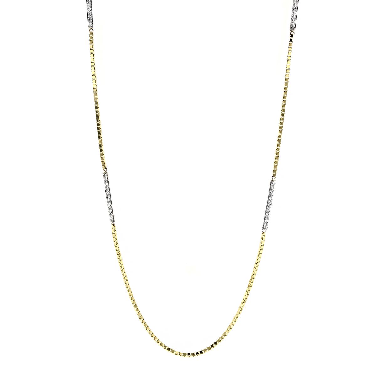 Yellow Gold Box Chain Necklace with Diamond Bar Links, 31