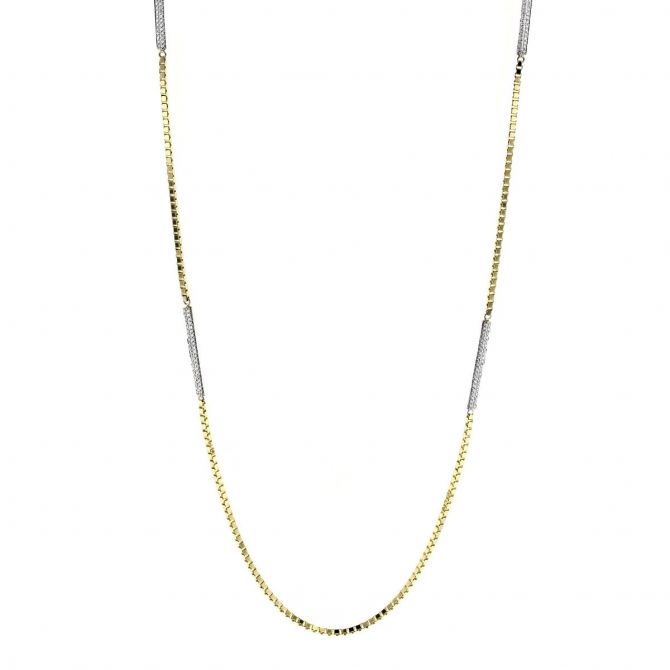 Yellow Gold Box Chain Necklace with Diamond Bar Links, 31"