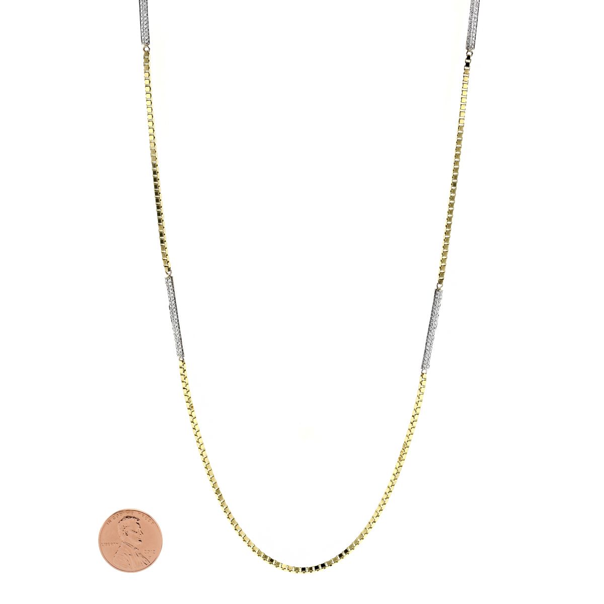Yellow Gold Box Chain Necklace with Diamond Bar Links, 31