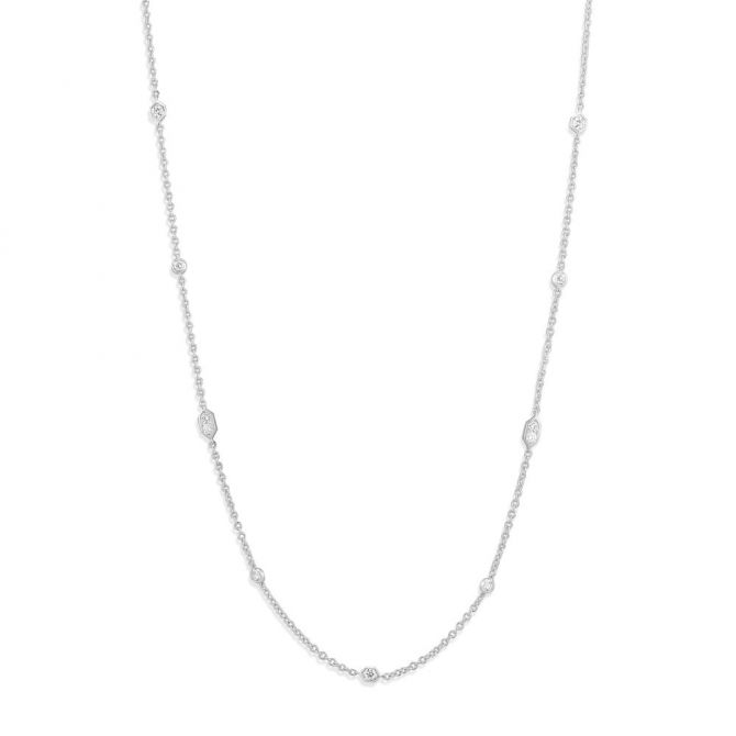 14K White Gold Diamond Station Necklace, 18"