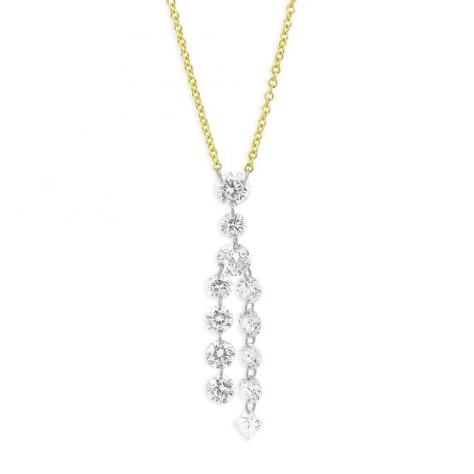 18K Yellow Gold Aero Pierced Round & Princess Cut Diamond Double Drop Necklace