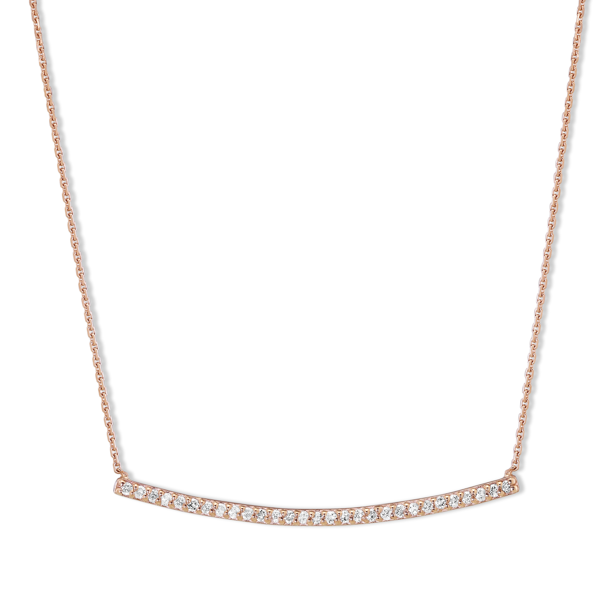 14K Rose Gold Round Diamond Curved Bar Necklace, 18