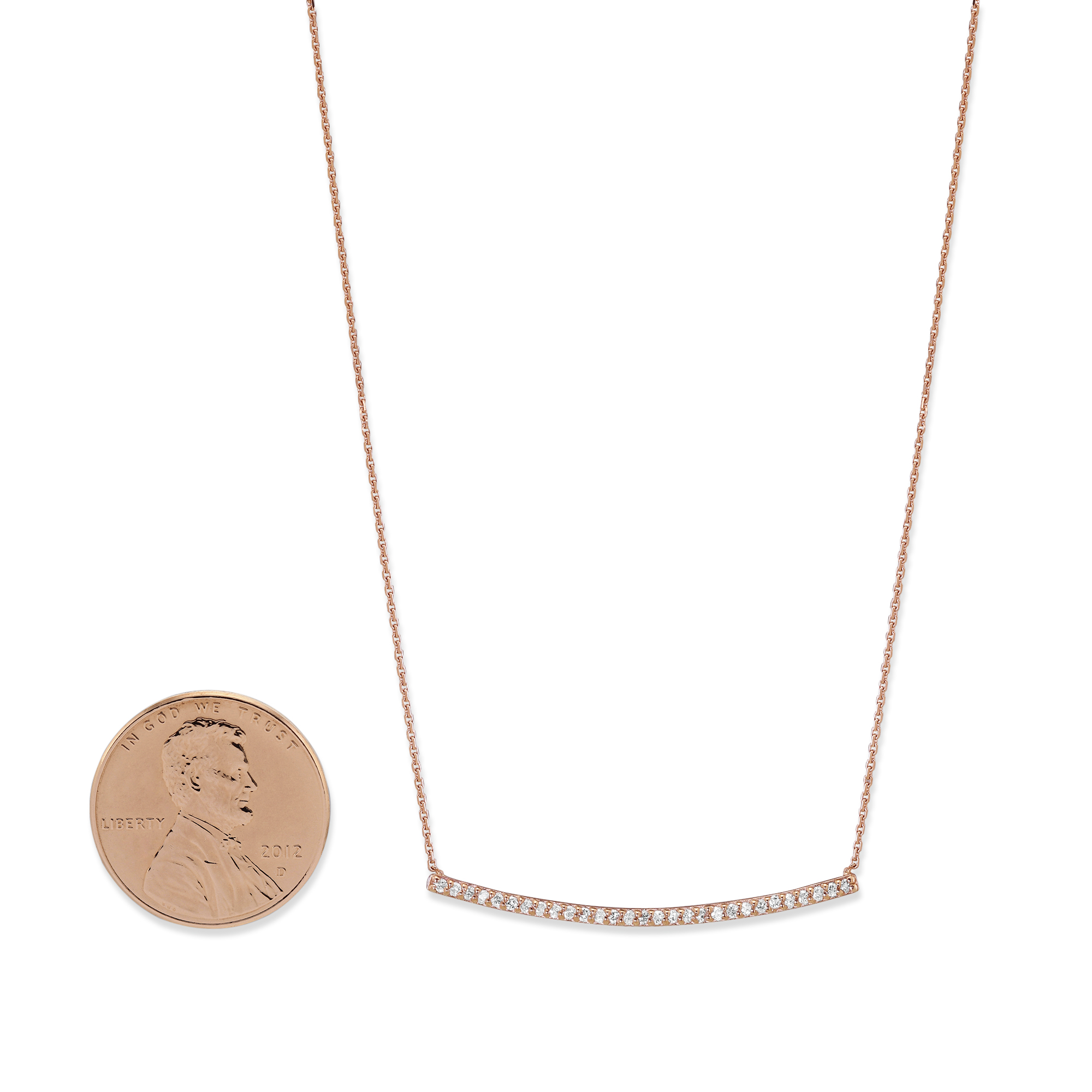 14K Rose Gold Round Diamond Curved Bar Necklace, 18