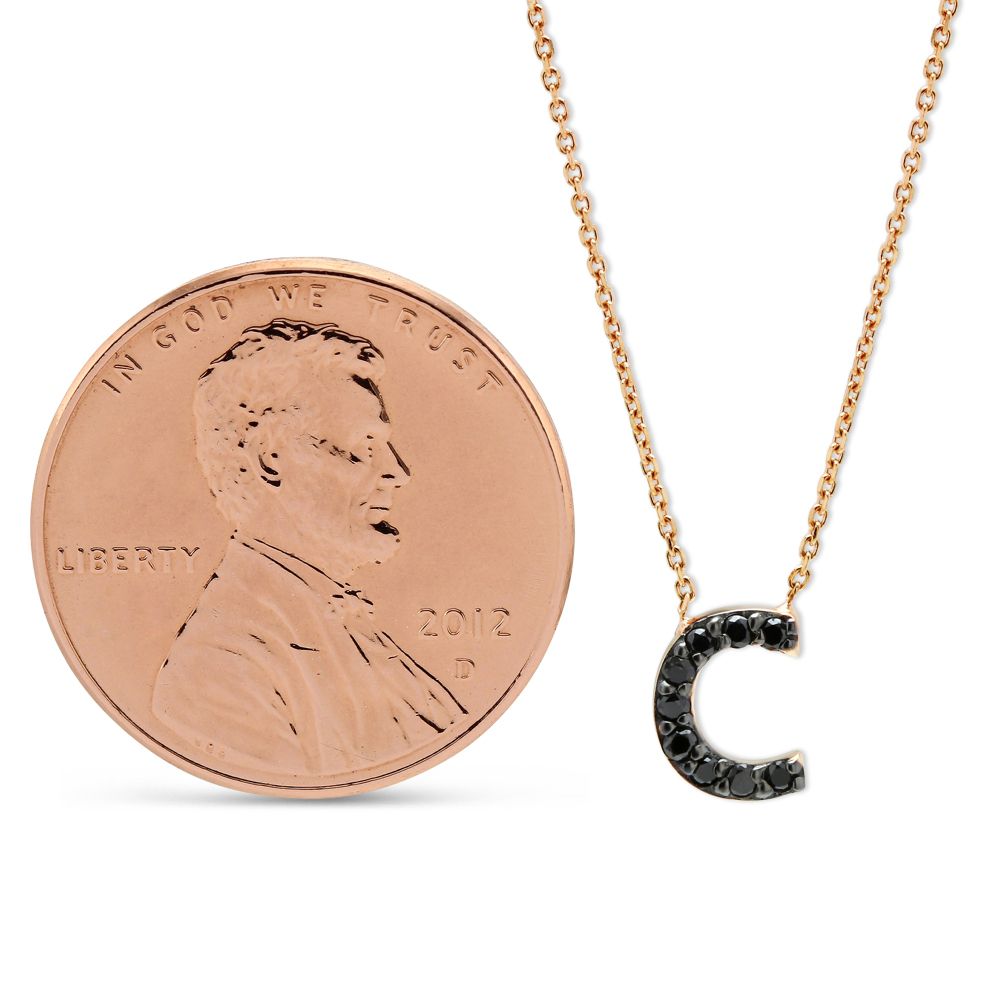 Black Diamond Initial C Necklace in Rose Gold