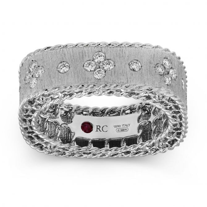 Roberto Coin Princess White Gold Satin Finish Ring with Fleur De Lis Diamonds