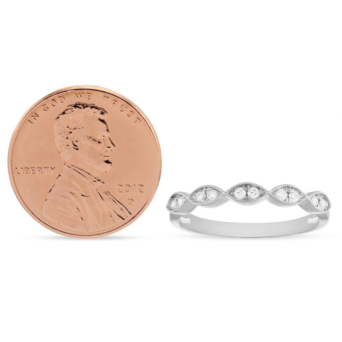 14K White Gold Diamond Milgrain Navette Shaped Section Band