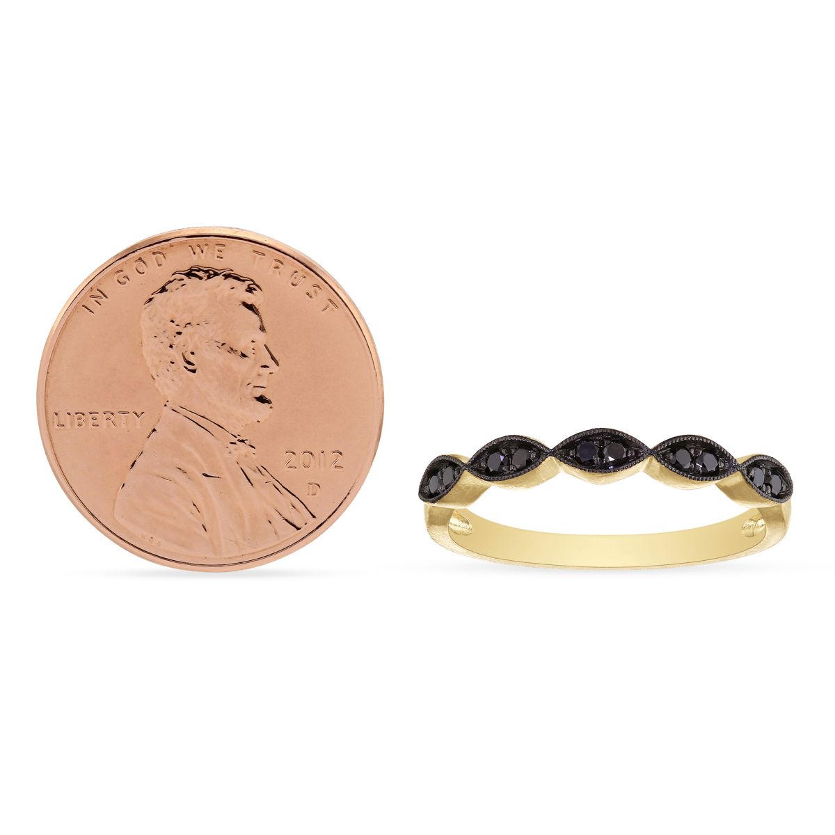 14K Yellow Gold & Black Rhodium Black Diamond Milgrain Navette Shaped Section Band