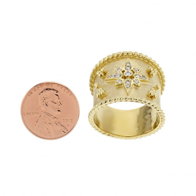 Marika Yellow Gold Hammered Wide Cuff Ring with Diamond