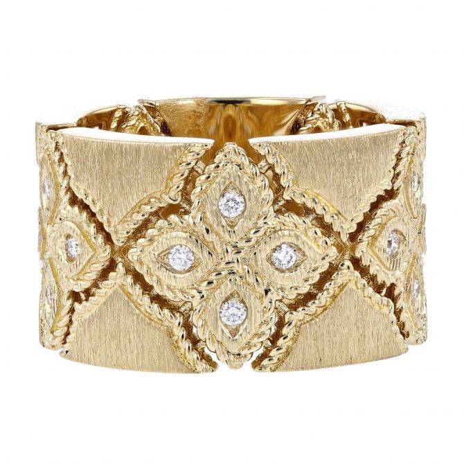 Roberto Coin Venetian Princess Wide Yellow Gold Satin Finish Ring with Diamonds