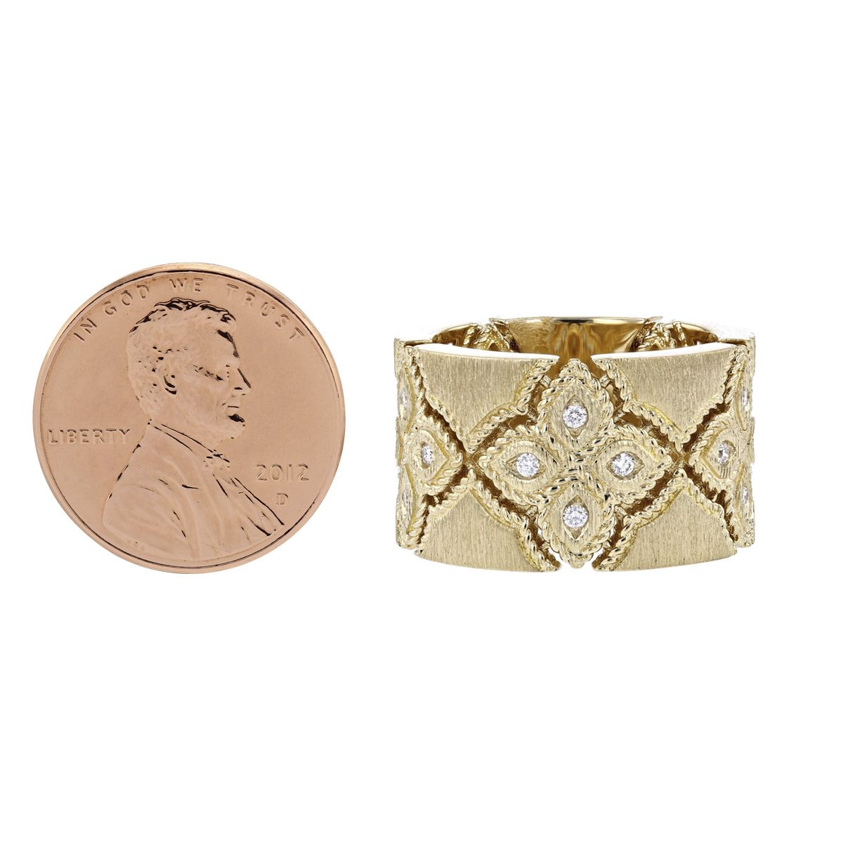 Roberto Coin Venetian Princess Wide Yellow Gold Satin Finish Ring with Diamonds