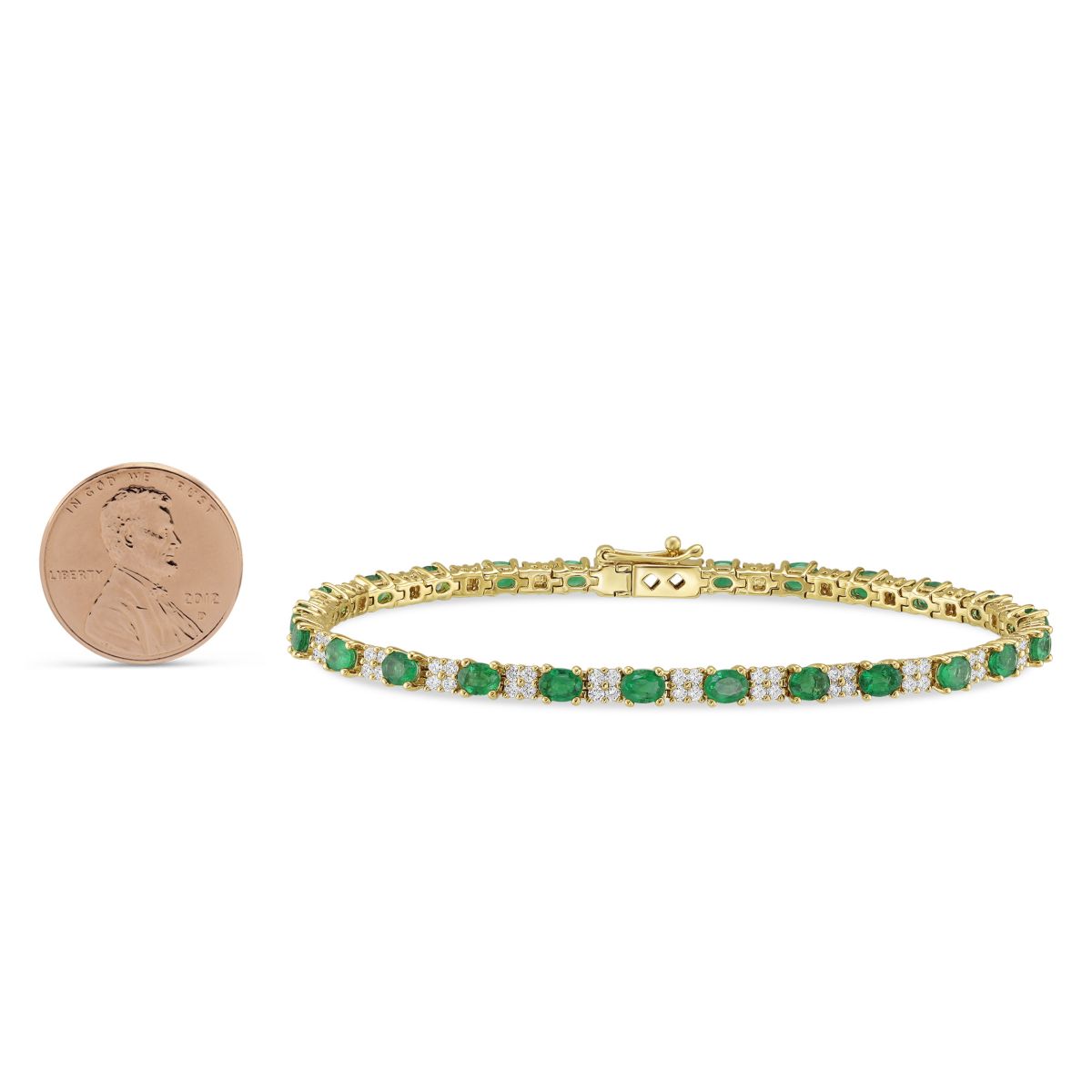 Oval Emerald & Round Diamond Tennis Bracelet in Yellow Gold