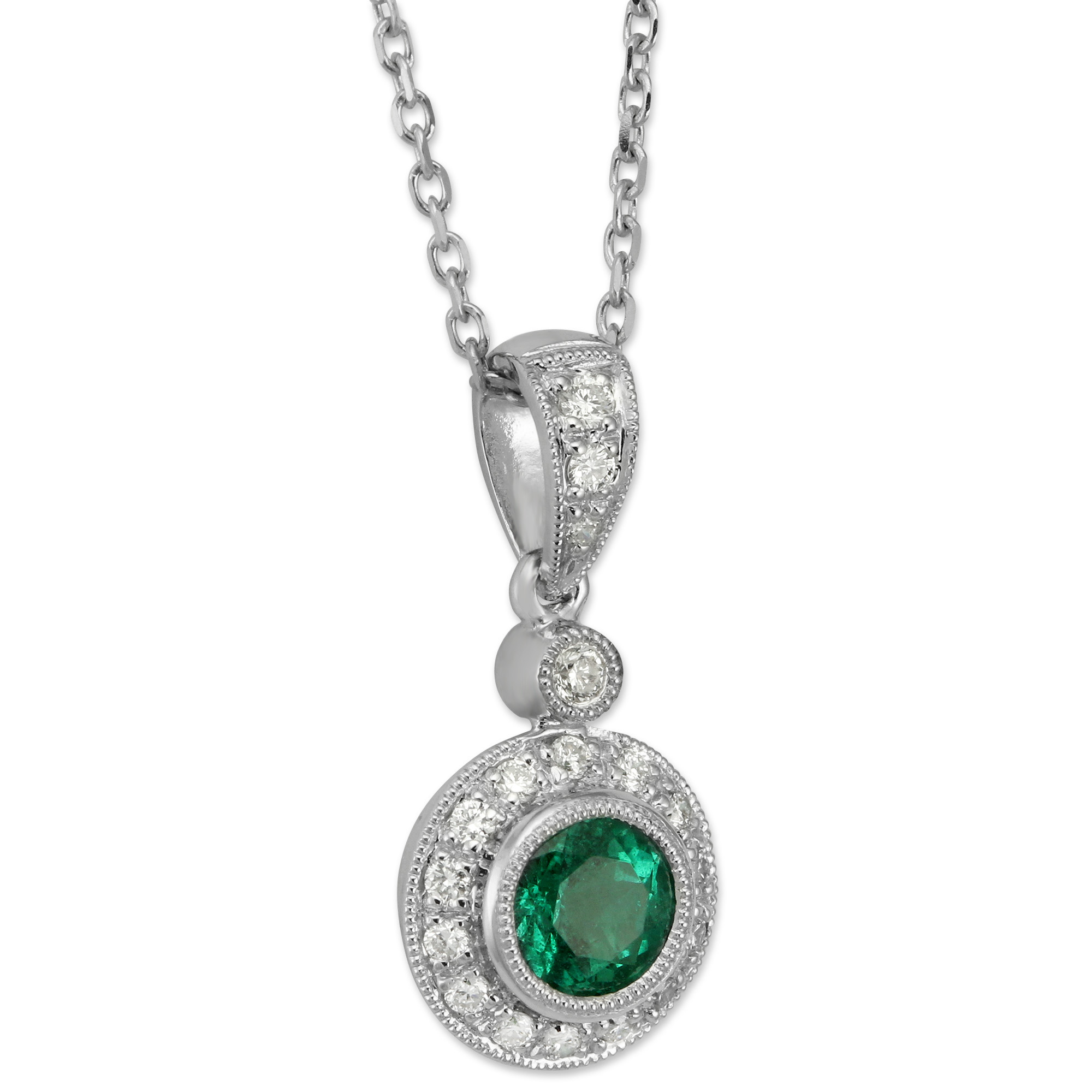 14K White Gold Round Emerald & Diamond Pendant, 18