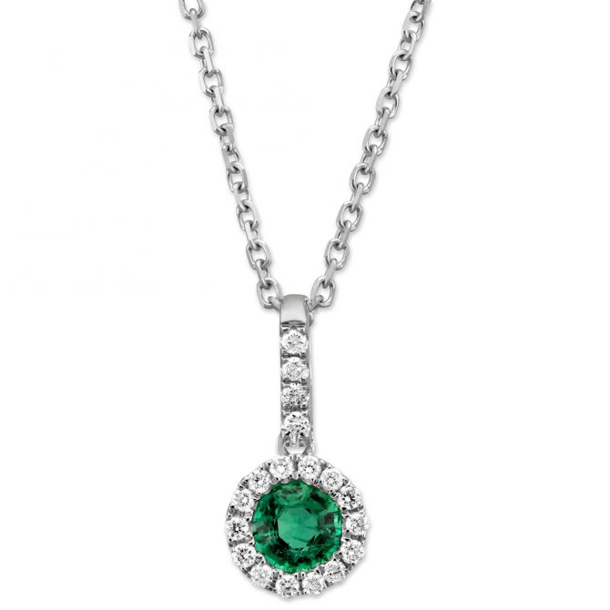 14K White Gold Round Emerald & Diamond Halo Pendant, 18"