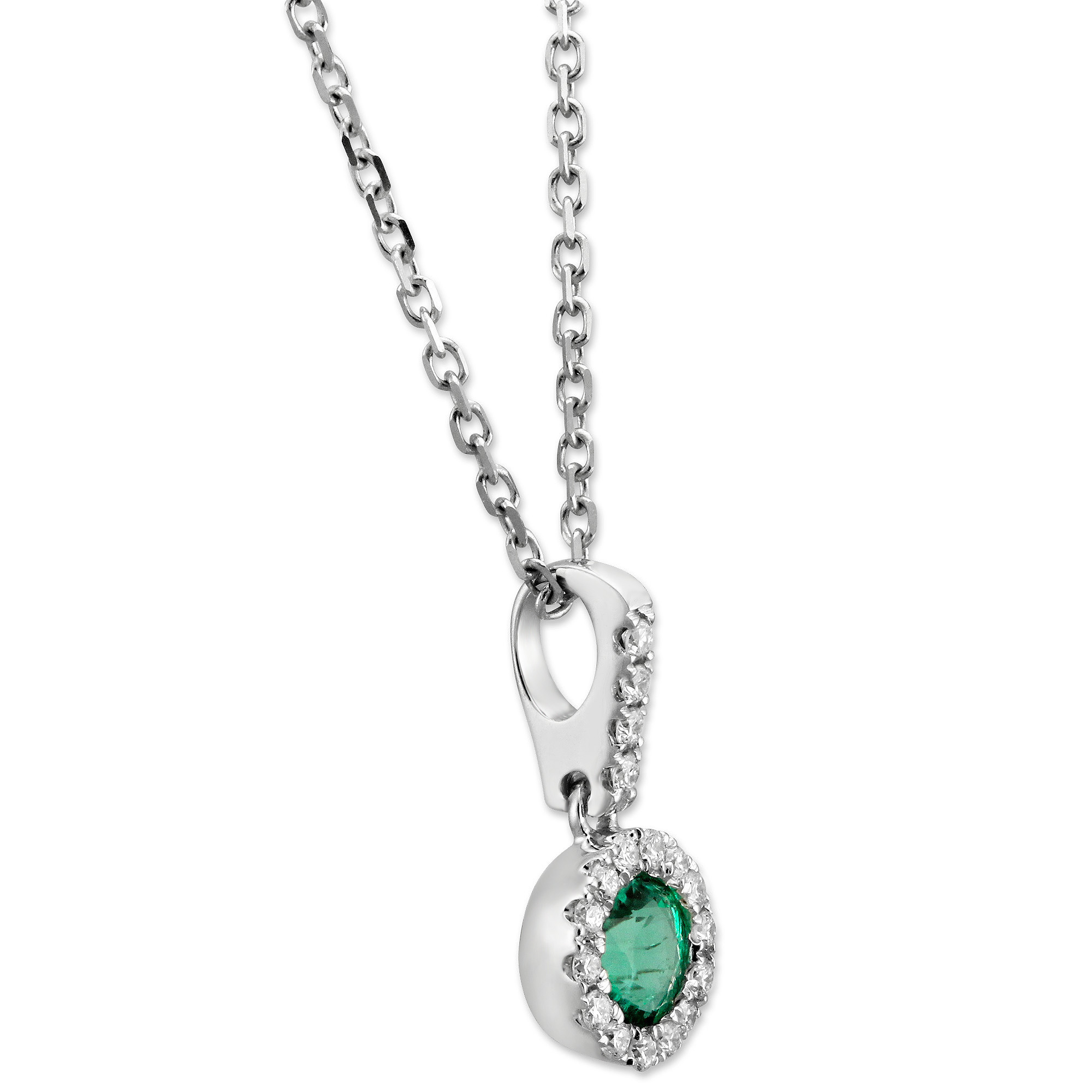 14K White Gold Round Emerald & Diamond Halo Pendant, 18