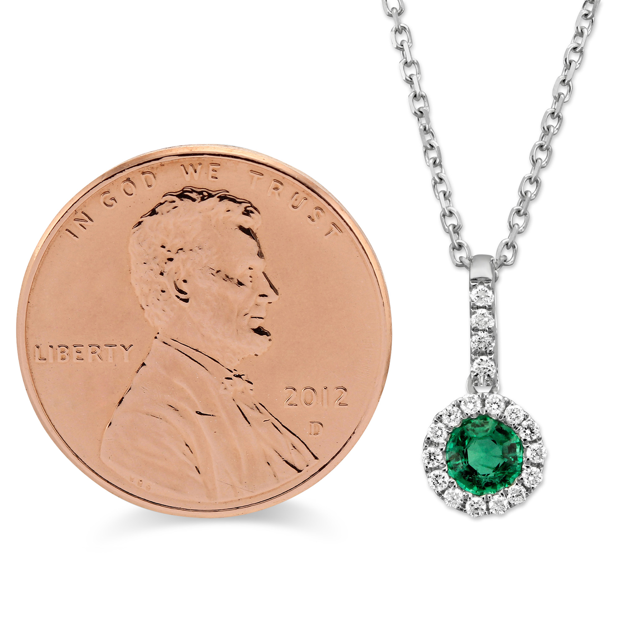 14K White Gold Round Emerald & Diamond Halo Pendant, 18