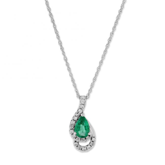 Pear Shaped Emerald & Diamond Pendant in White Gold, 18"