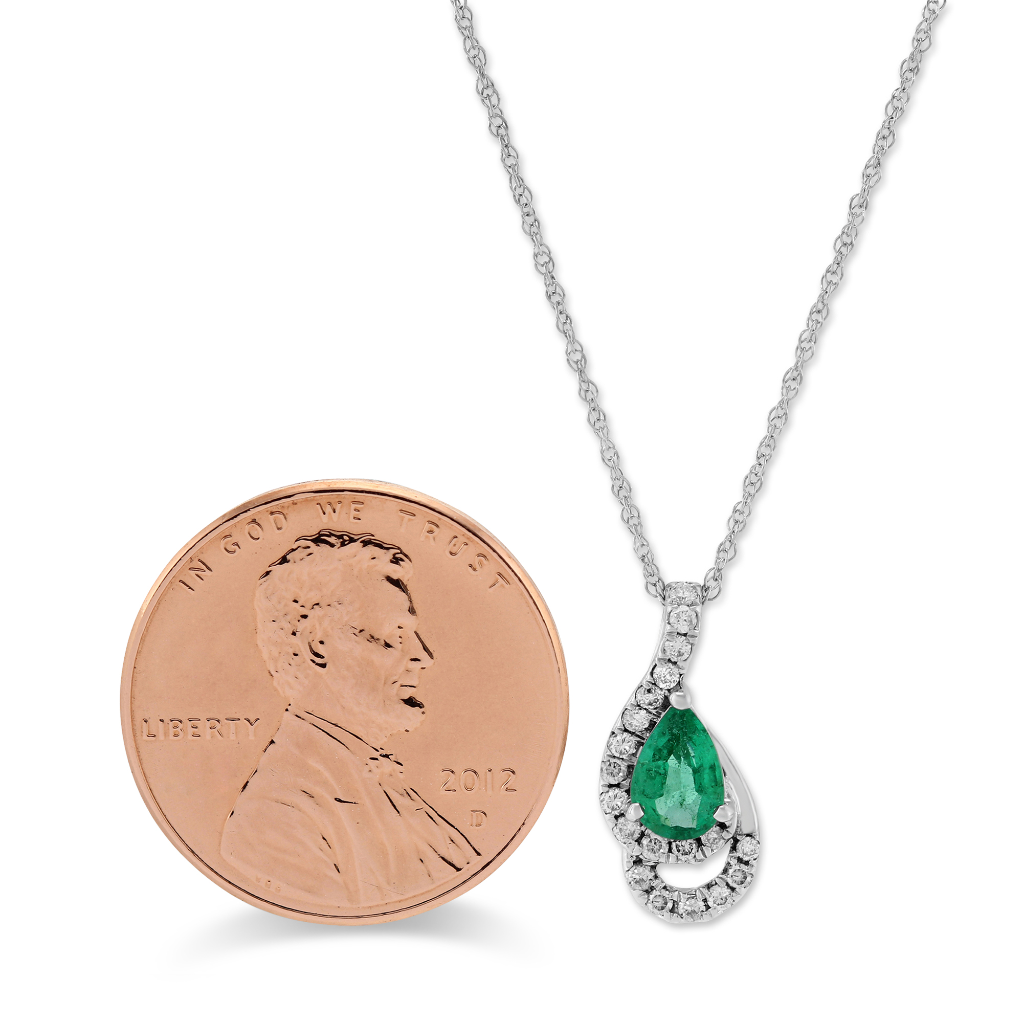 Pear Shaped Emerald & Diamond Pendant in White Gold, 18