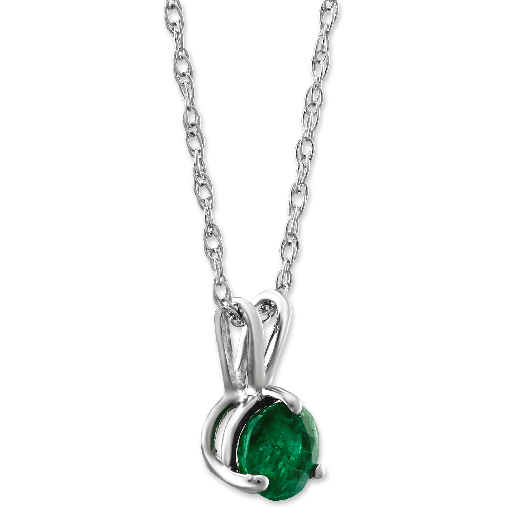 14K White Gold Round Emerald Solitaire Pendant, 18