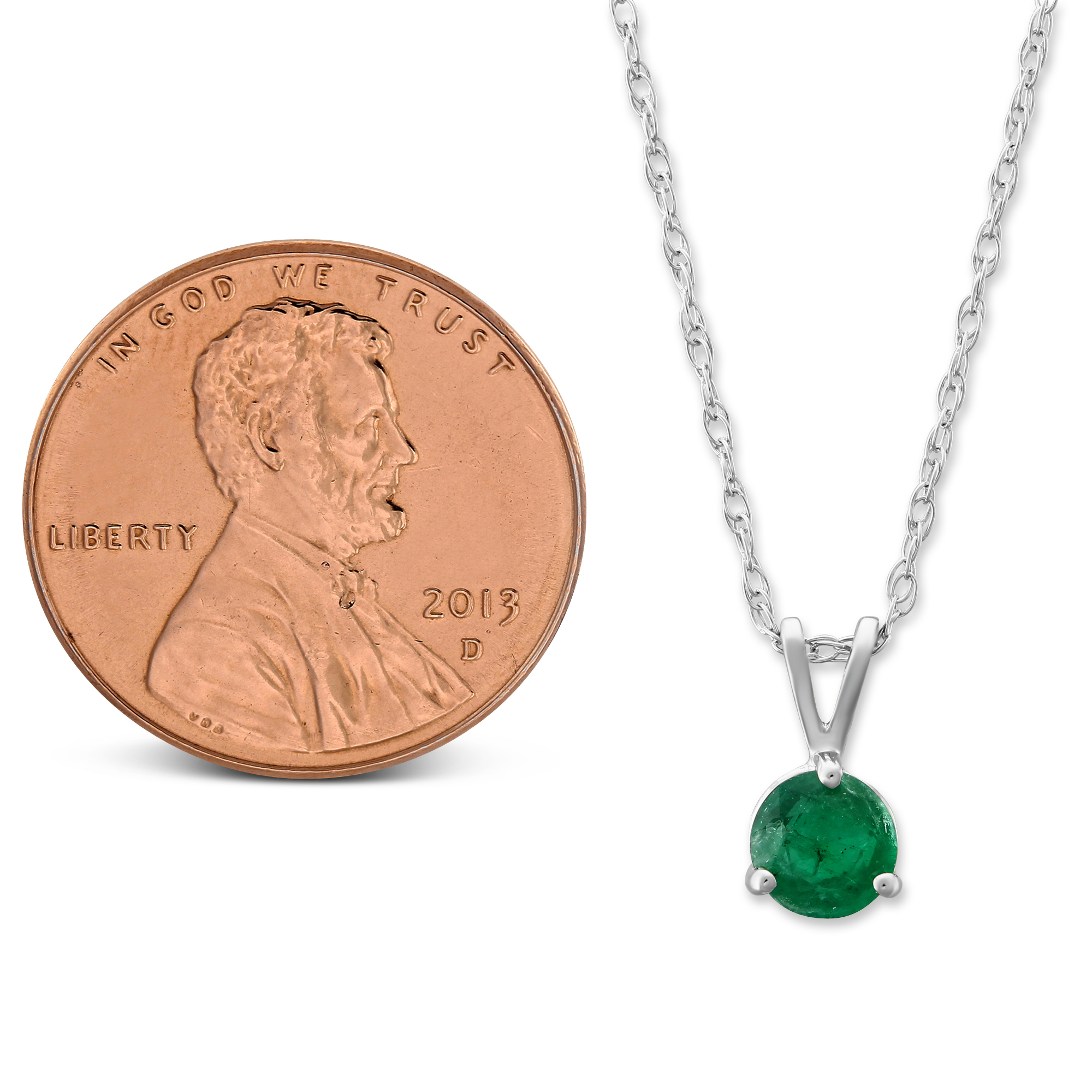 14K White Gold Round Emerald Solitaire Pendant, 18