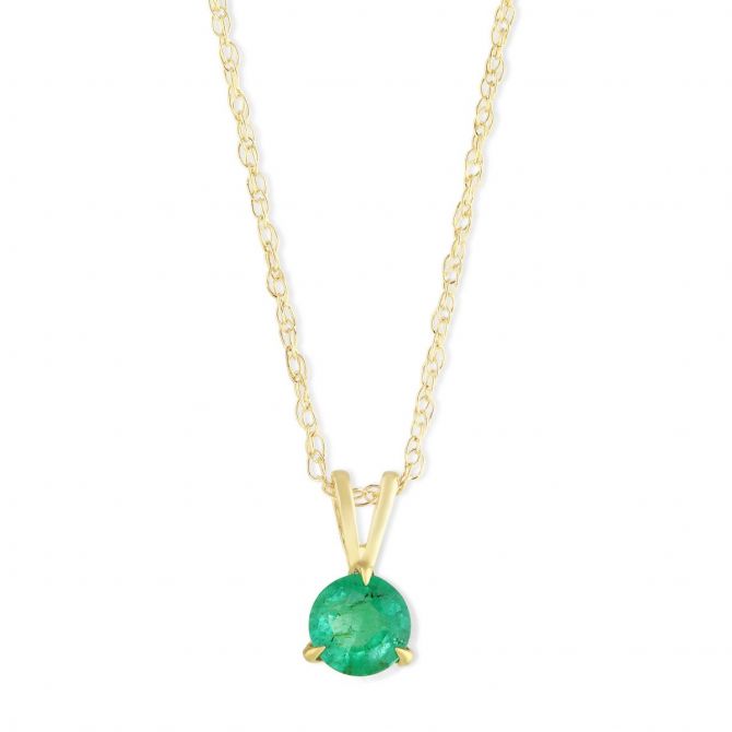 14K Yellow Gold Round Emerald Solitaire Pendant, 18"