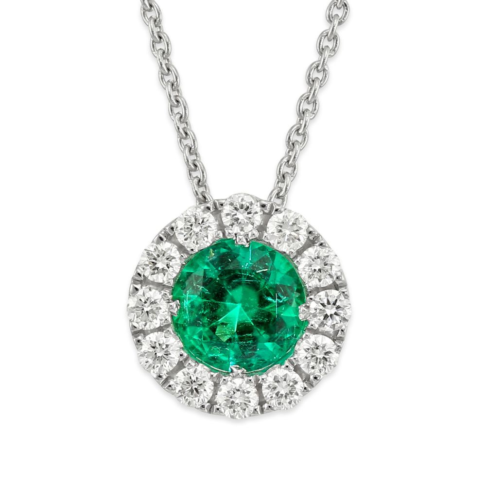 Round Emerald & Diamond Pendant in White Gold, 17