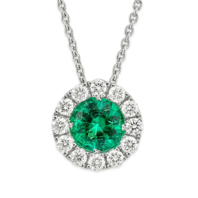 Round Emerald & Diamond Pendant in White Gold, 17"