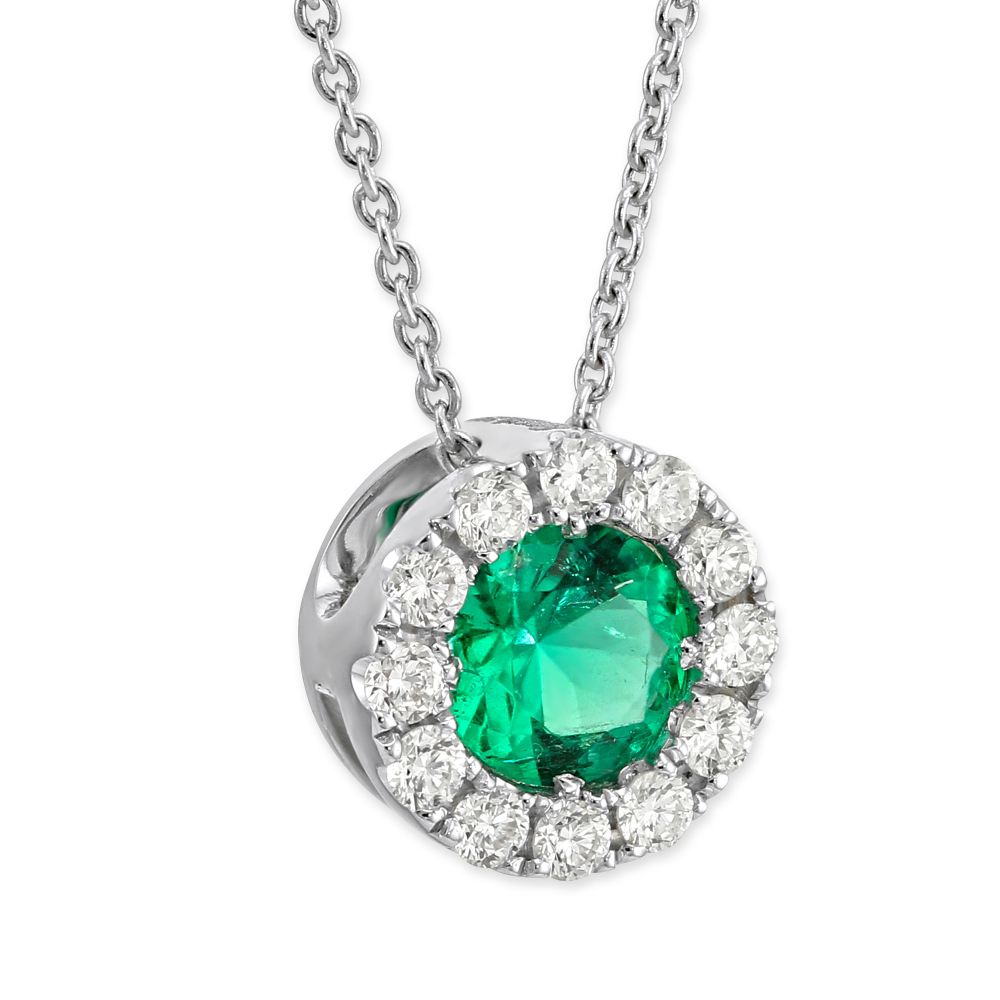 Round Emerald & Diamond Pendant in White Gold, 17