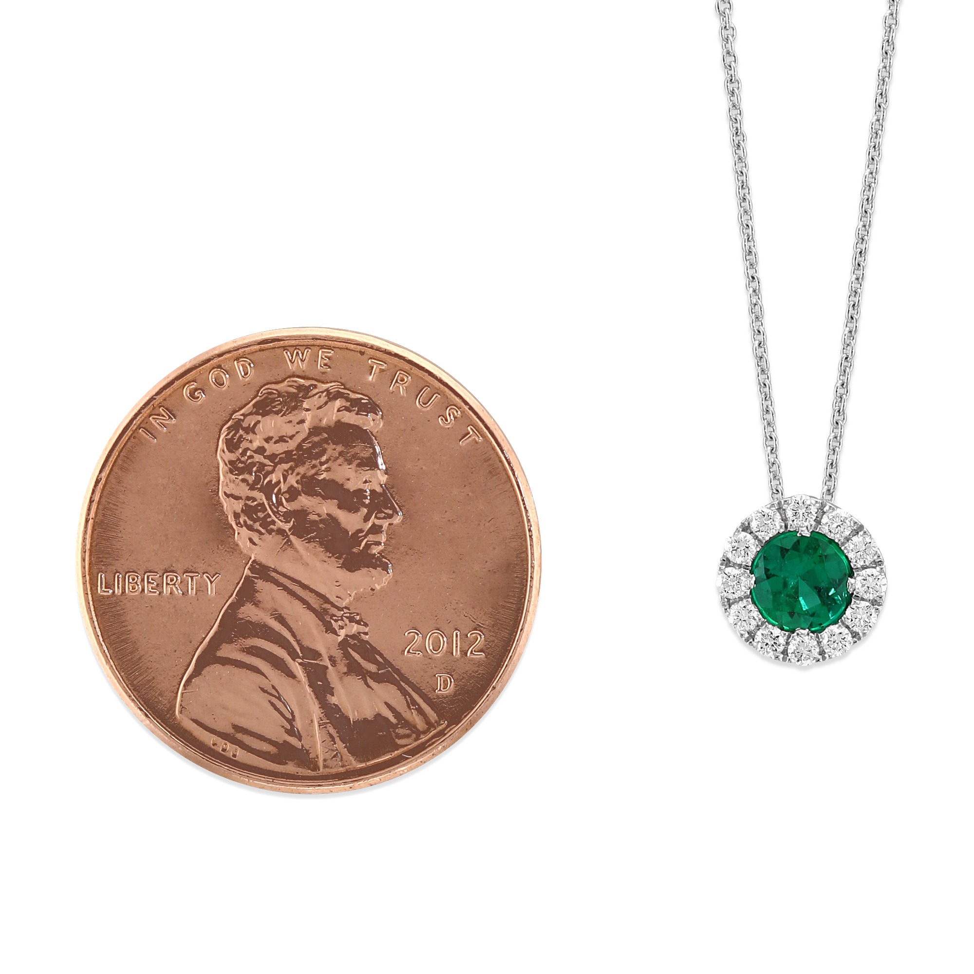 Round Emerald & Diamond Pendant in White Gold, 17