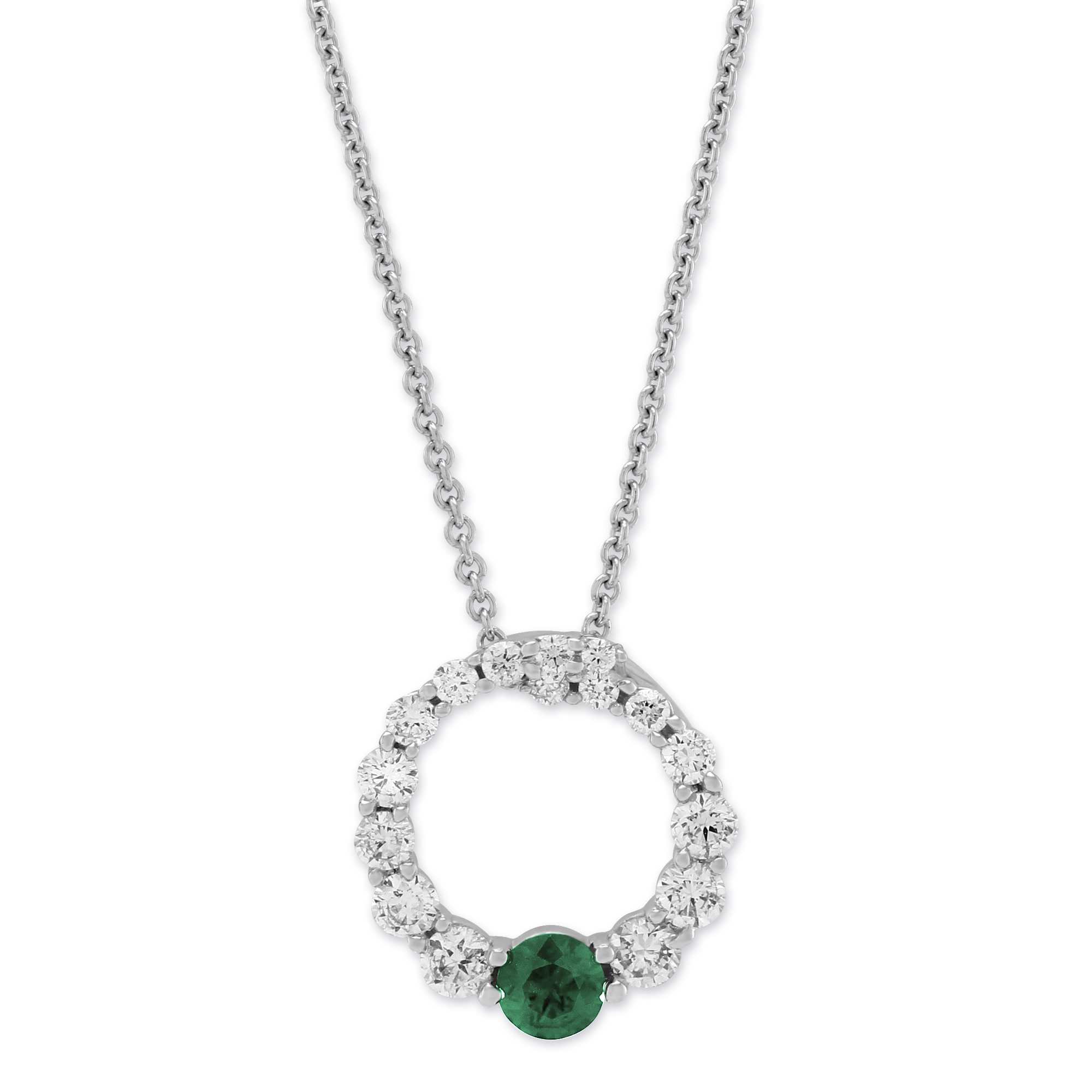 Emerald & Diamond Circle Pendant in 14K White Gold , 18"