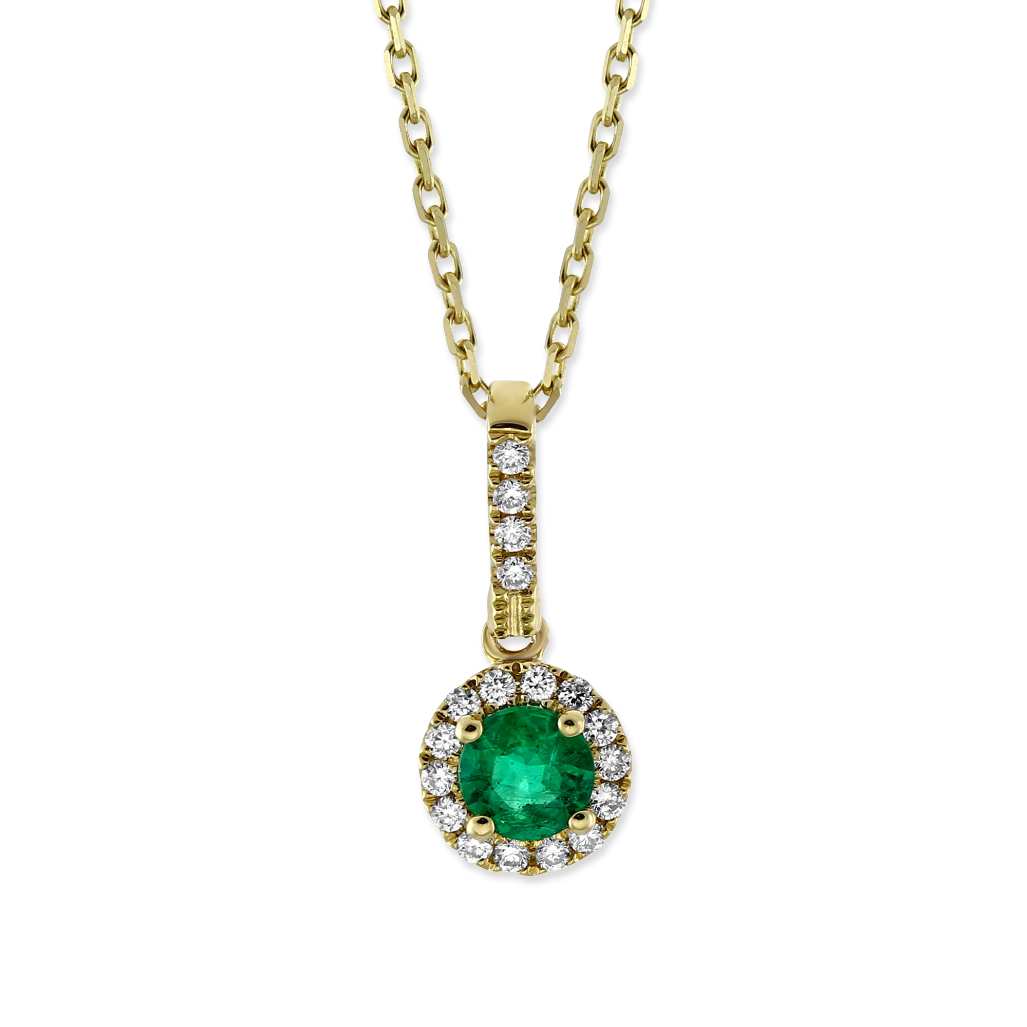 14K Yellow Gold Emerald & Diamond Halo Pendant, 18