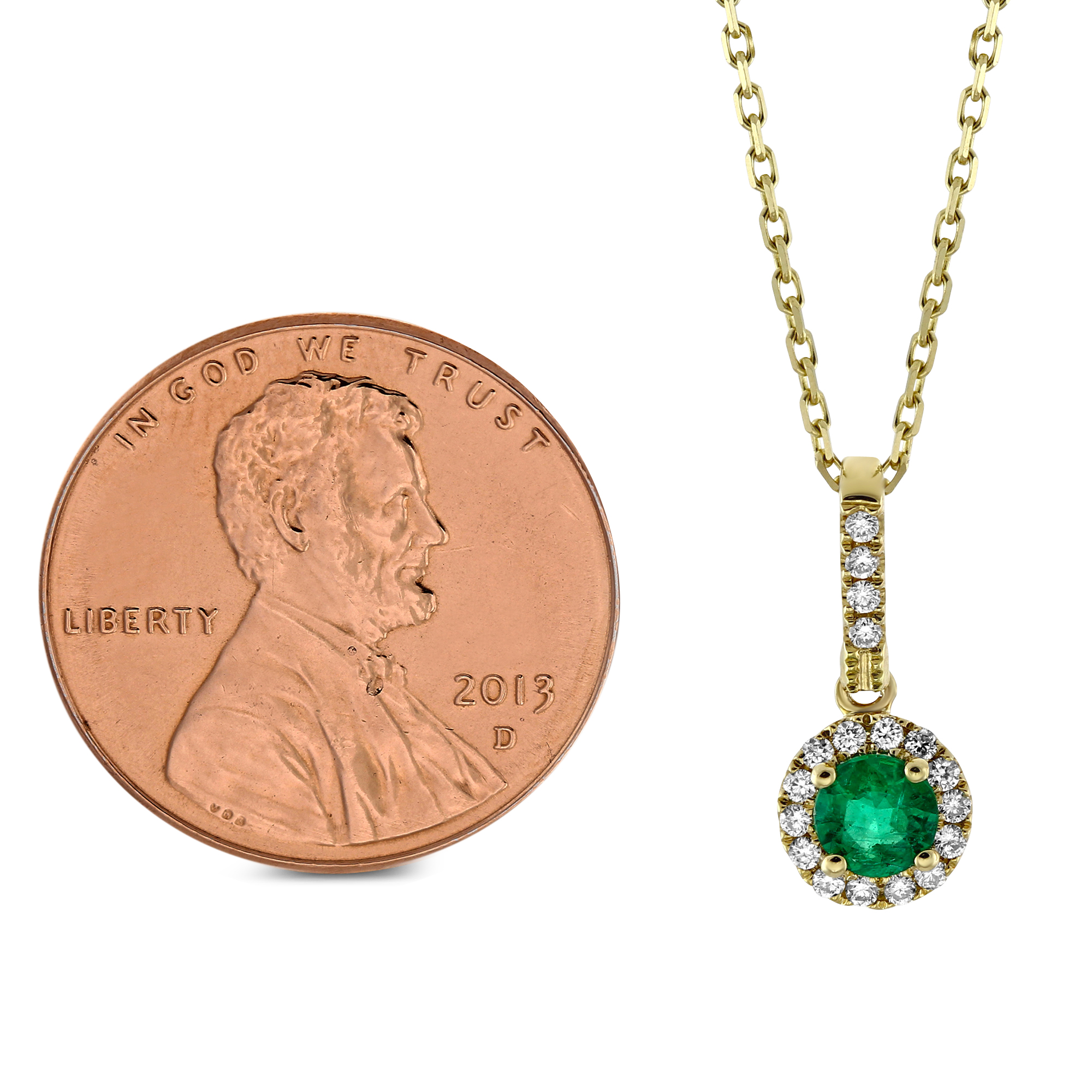 14K Yellow Gold Emerald & Diamond Halo Pendant, 18