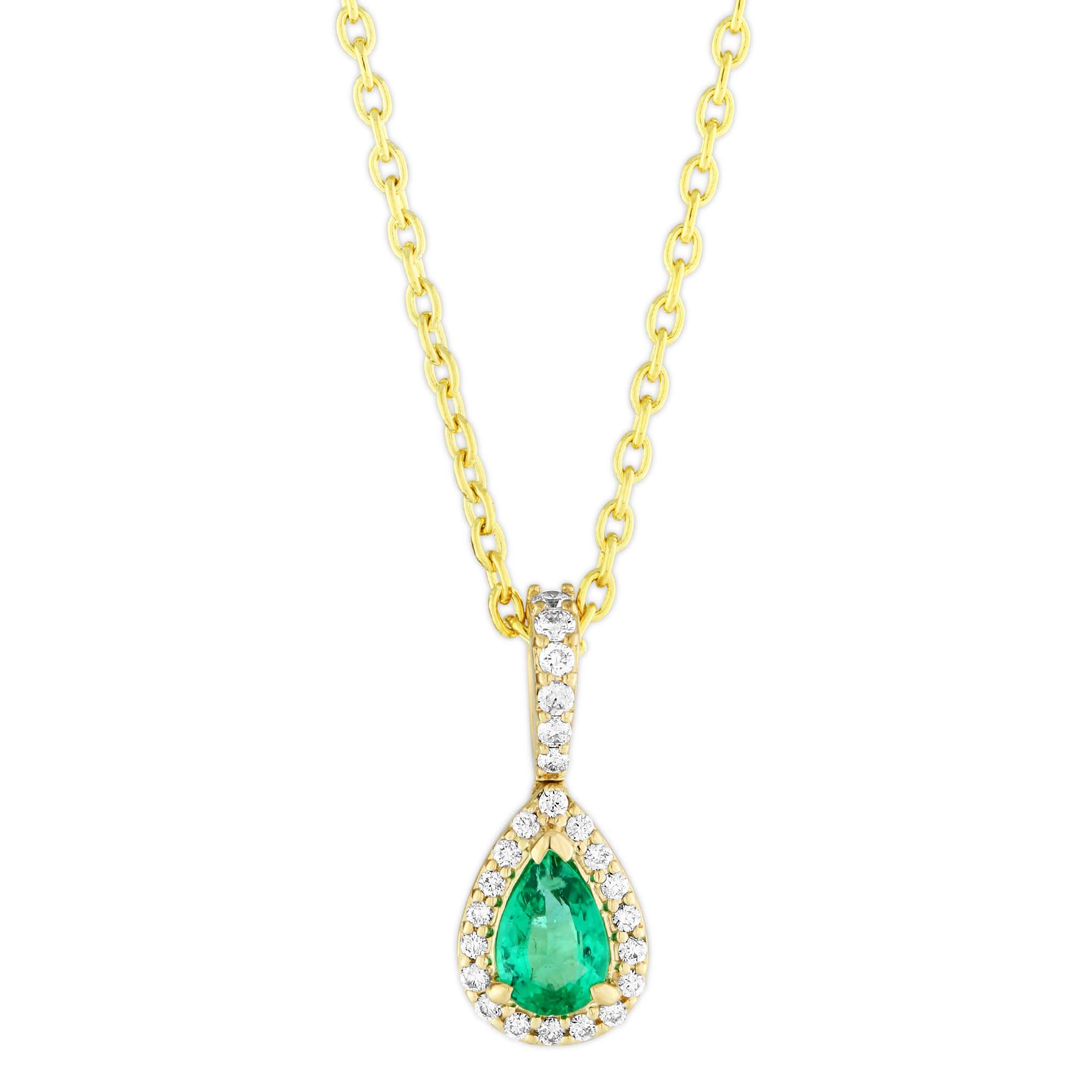 14K Yellow Gold Pear Shaped Emerald & Diamond Pendant, 18