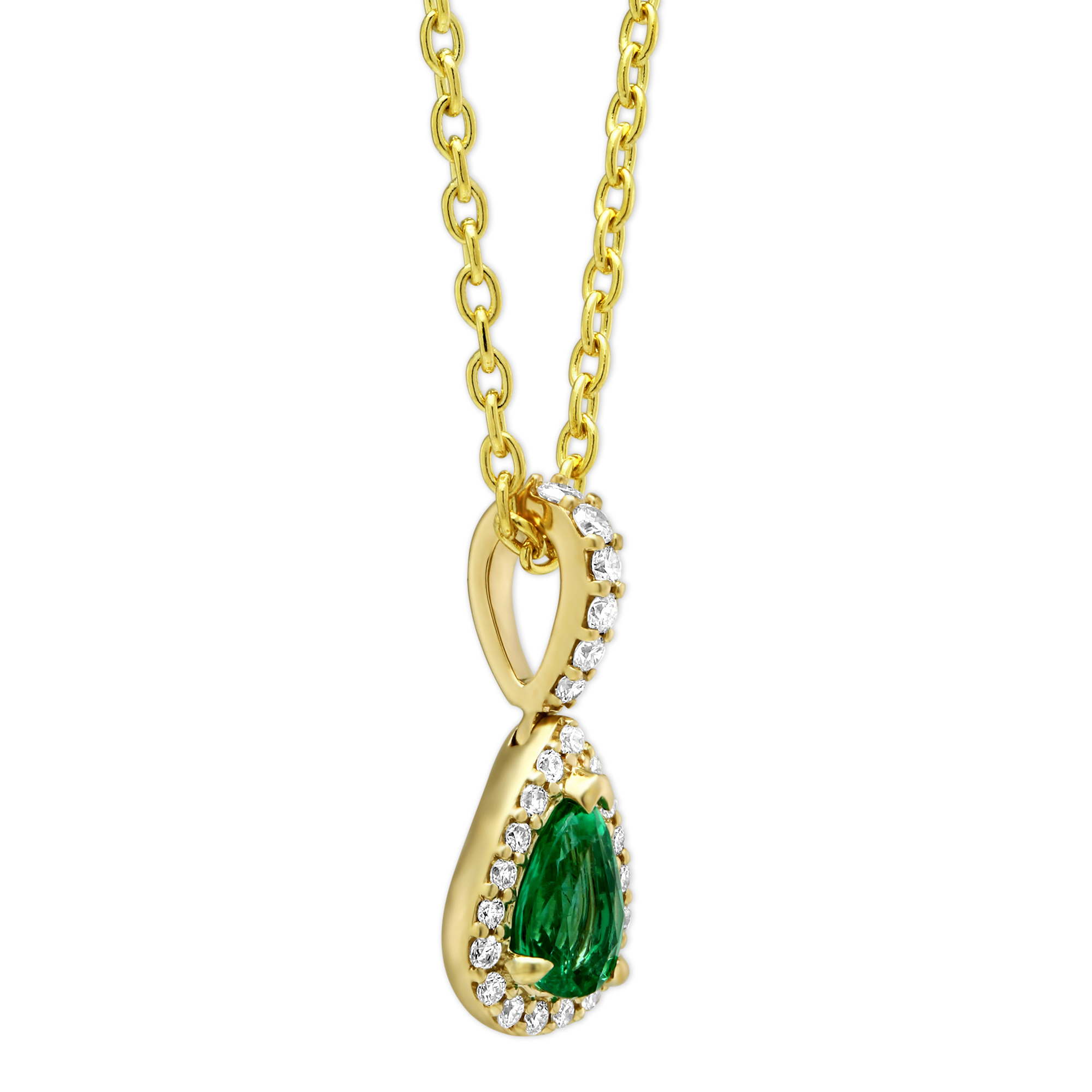 14K Yellow Gold Pear Shaped Emerald & Diamond Pendant, 18