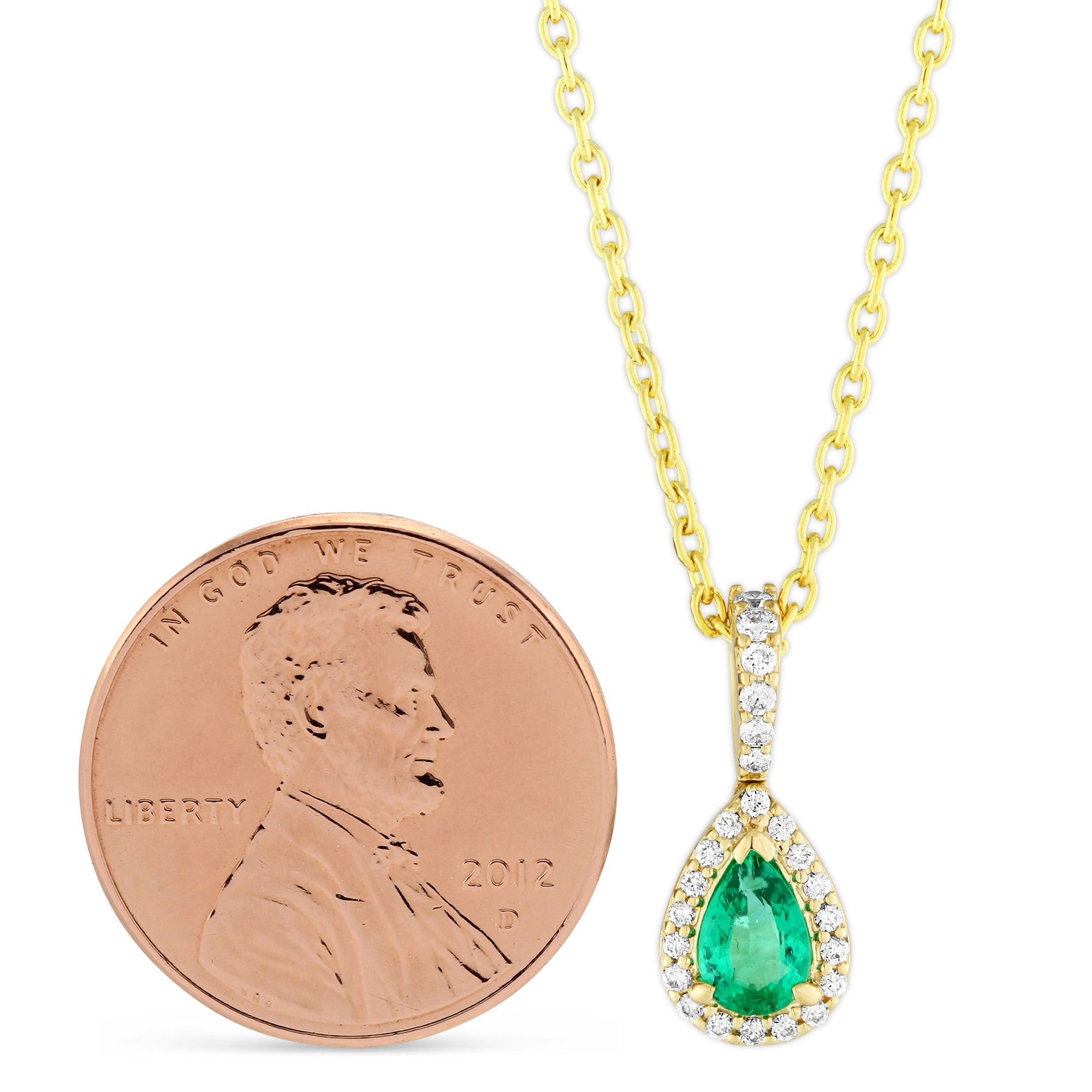 14K Yellow Gold Pear Shaped Emerald & Diamond Pendant, 18