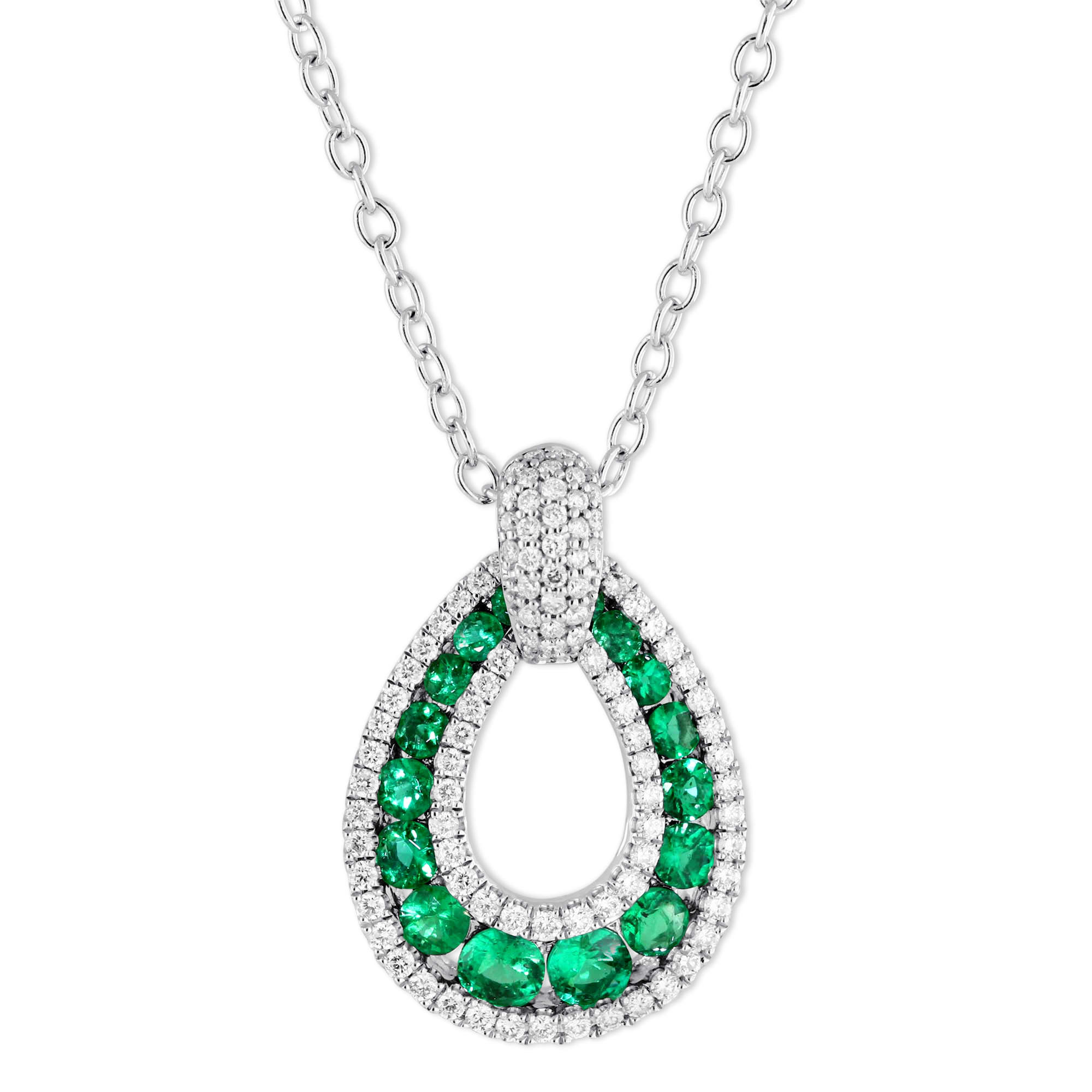 14K White Gold Round Emerald & Diamond Teardrop Pendant, 18