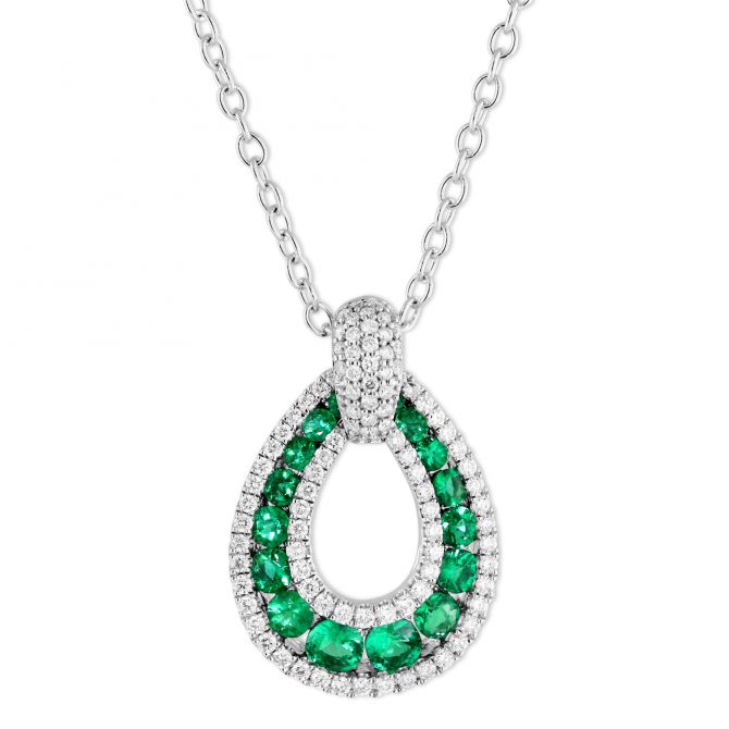 14K White Gold Round Emerald & Diamond Teardrop Pendant, 18"