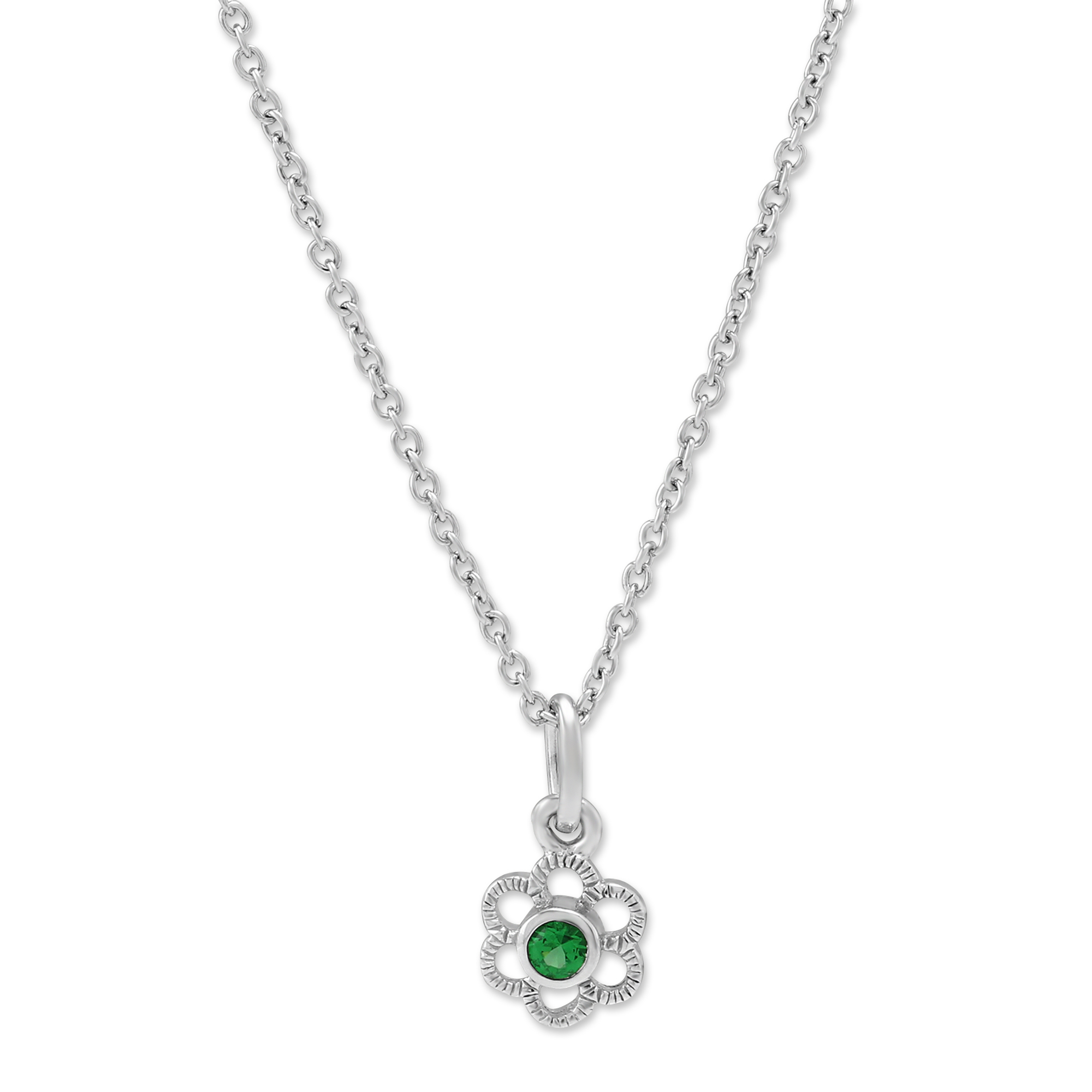 Sterling Silver Child's Green Crystal Flower Pendant, 15