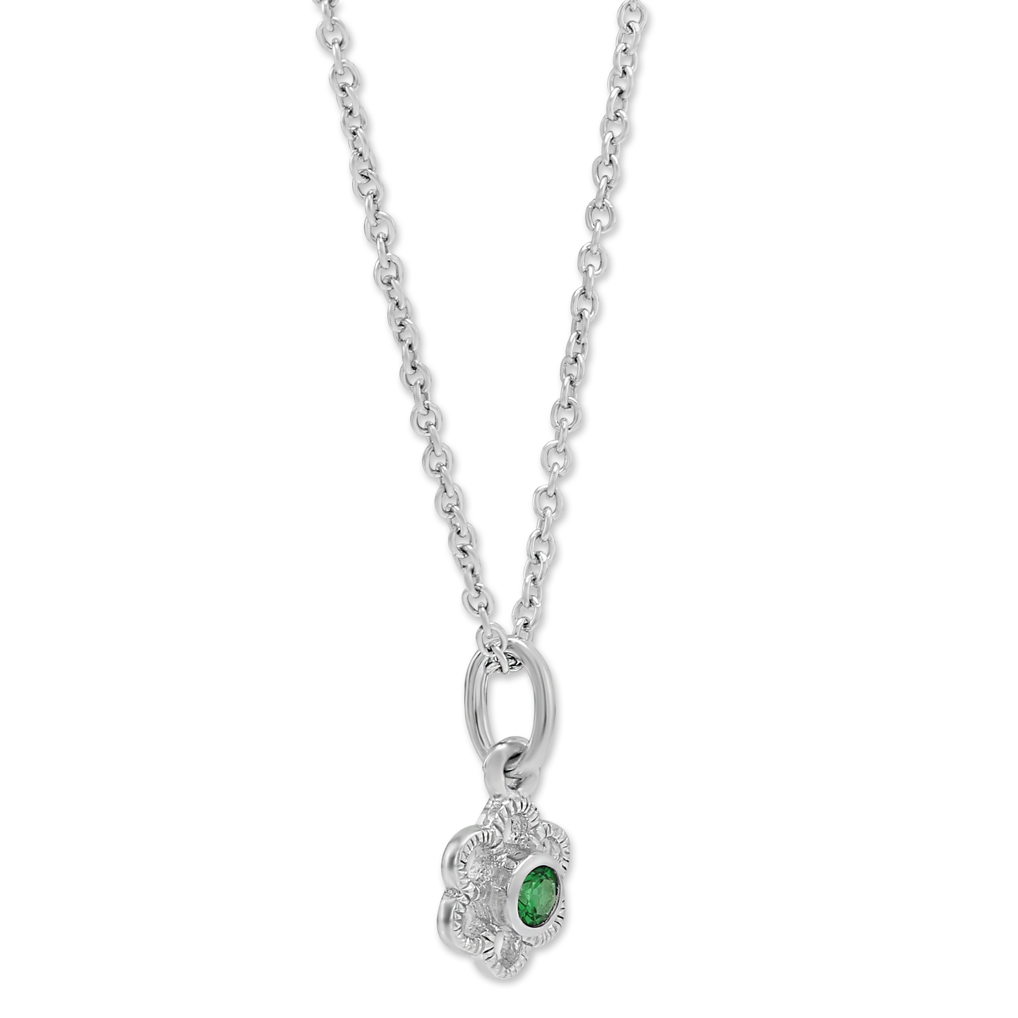 Sterling Silver Child's Green Crystal Flower Pendant, 15