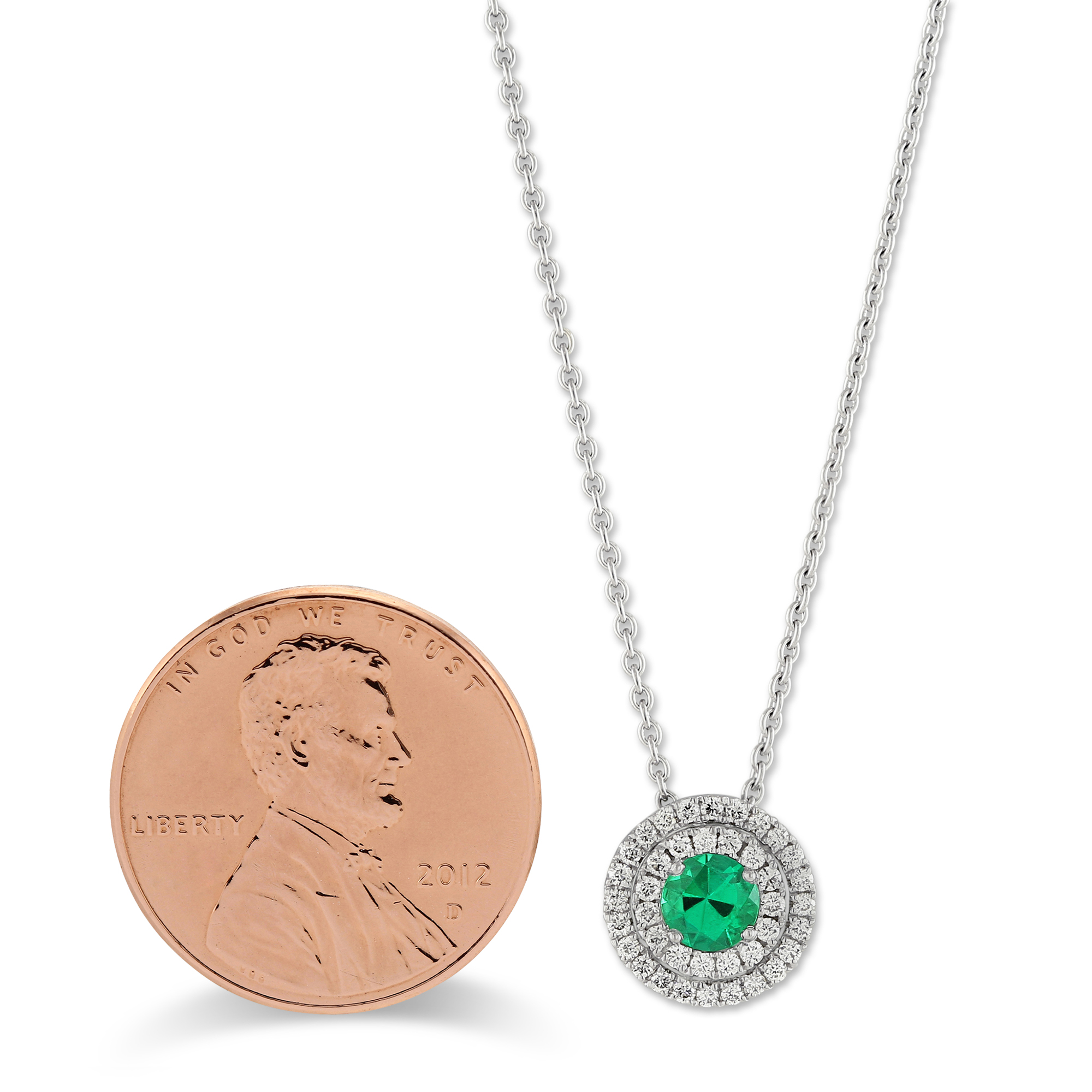 18K White Gold Emerald & Diamond Double Halo Pendant, 17