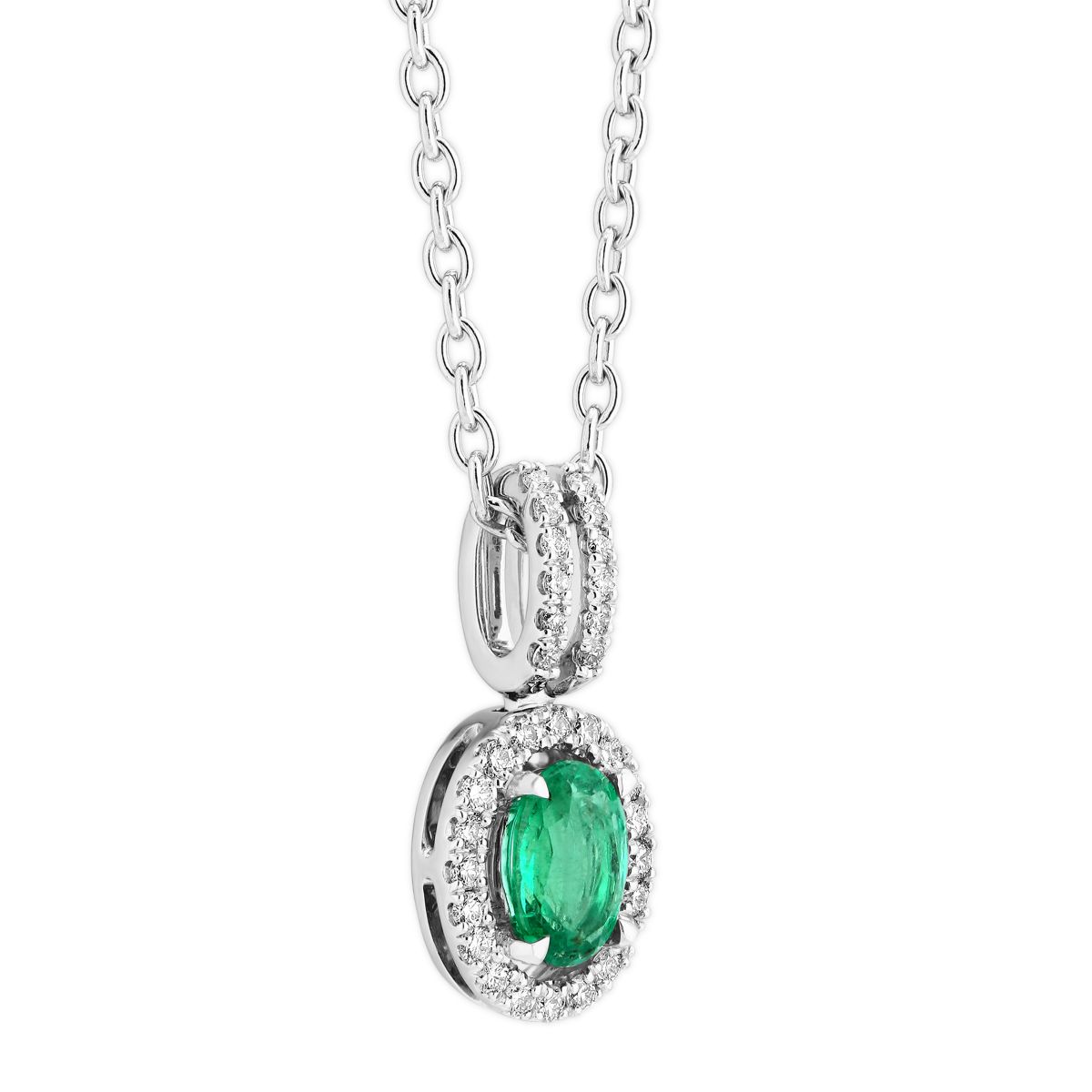 Oval Emerald & Diamond Halo Pendant Necklace in White Gold, 18