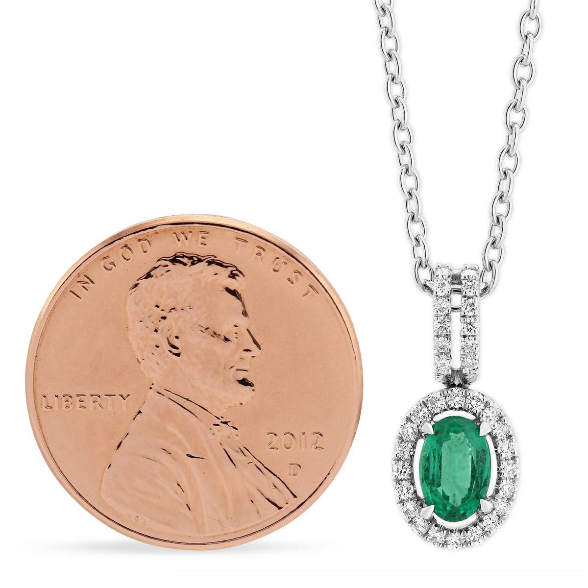 Oval Emerald & Diamond Halo Pendant Necklace in White Gold, 18
