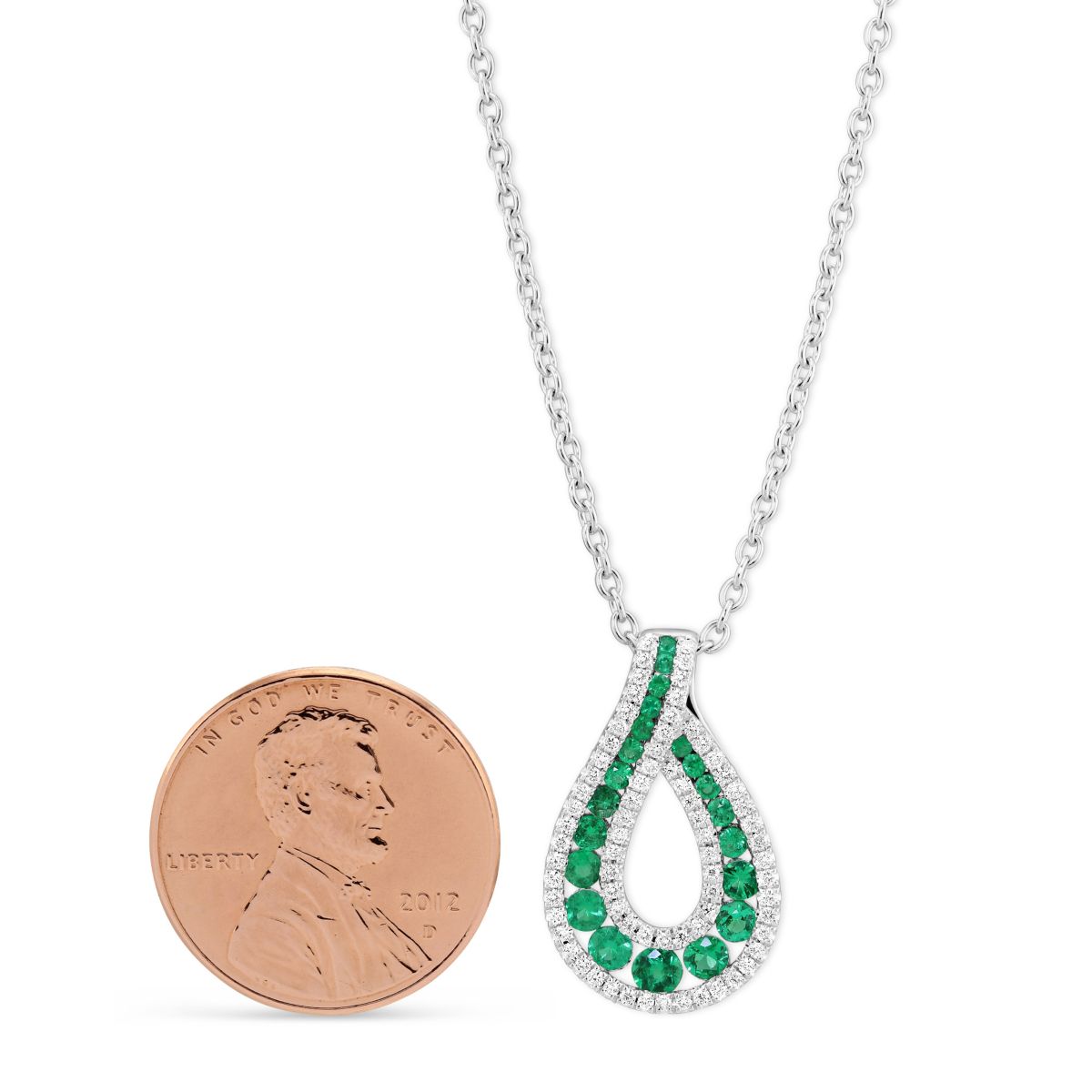 14K White Gold Round Emerald & Diamond Teardrop Pendant, 18