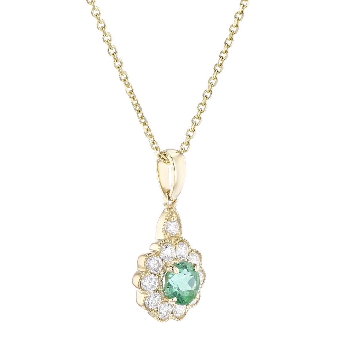 14K Yellow Gold Round Emerald & Diamond Flower Pendant, 18