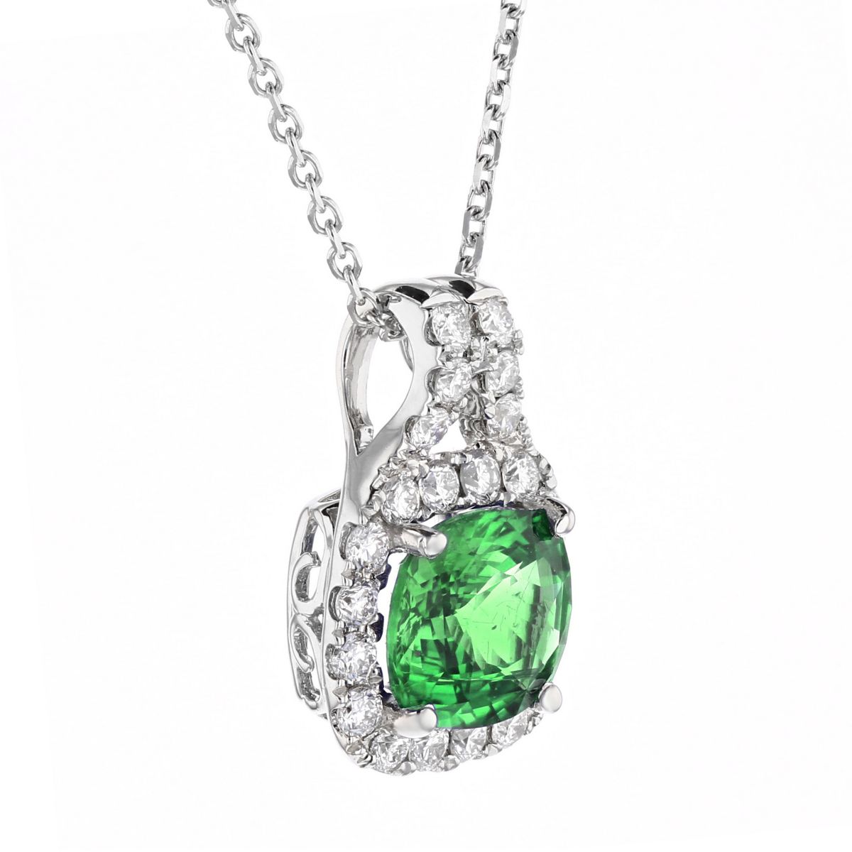 14K White Gold Cushion Emerald & Diamond Frame Pendant, 18