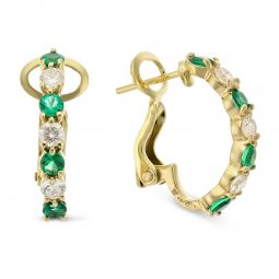 18k Yellow Gold Round Emerald And Diamond Half Hoop Earrings 18k Yellow Gold Round Emerald And Diamond Half Hoop Earrings