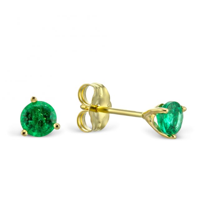 14K Yellow Gold 4MM Round Emerald and Diamond Earrings 