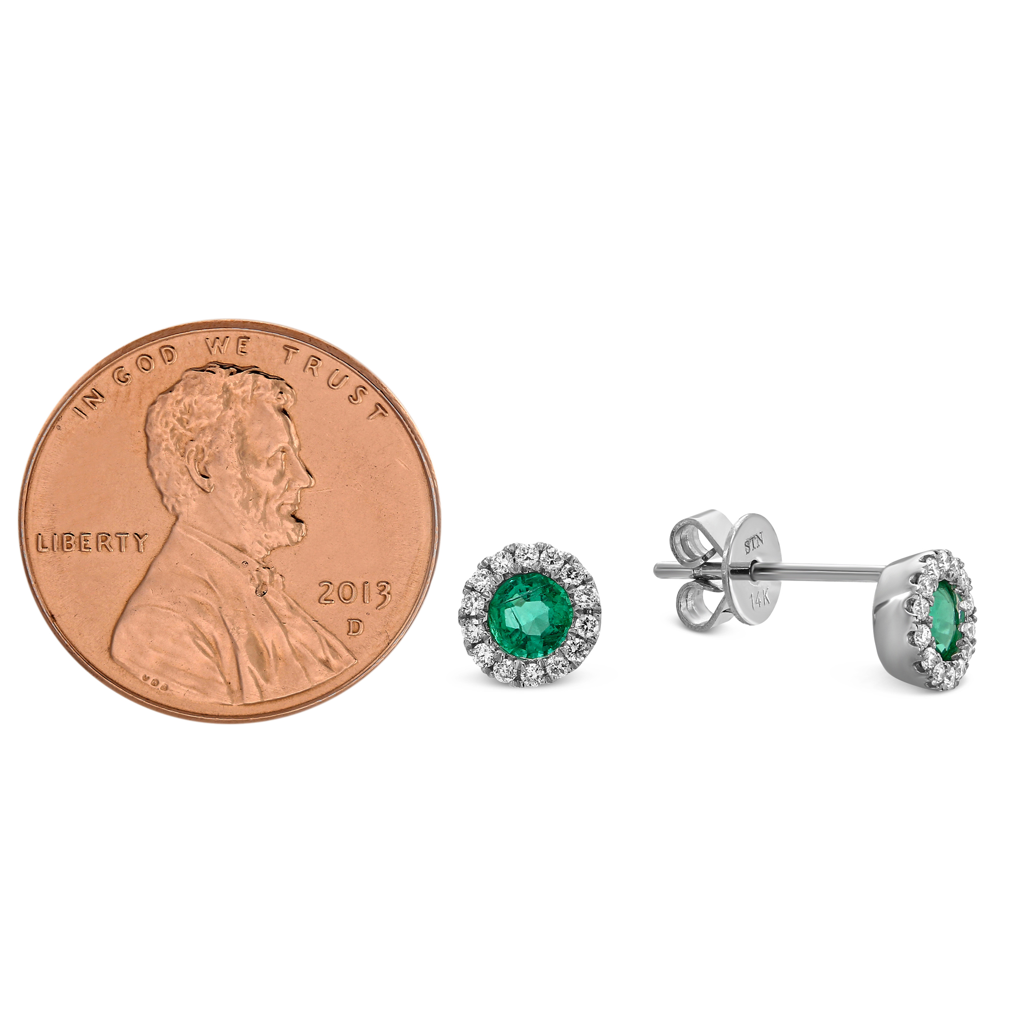 Round Emerald & Diamond Halo Earrings in White Gold