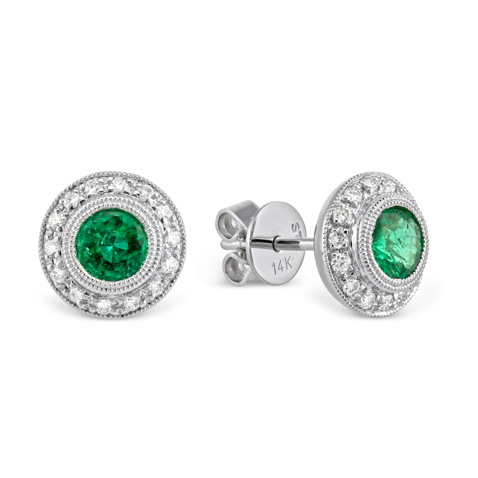 Round Emerald & Diamond Bezel Earrings in White Gold